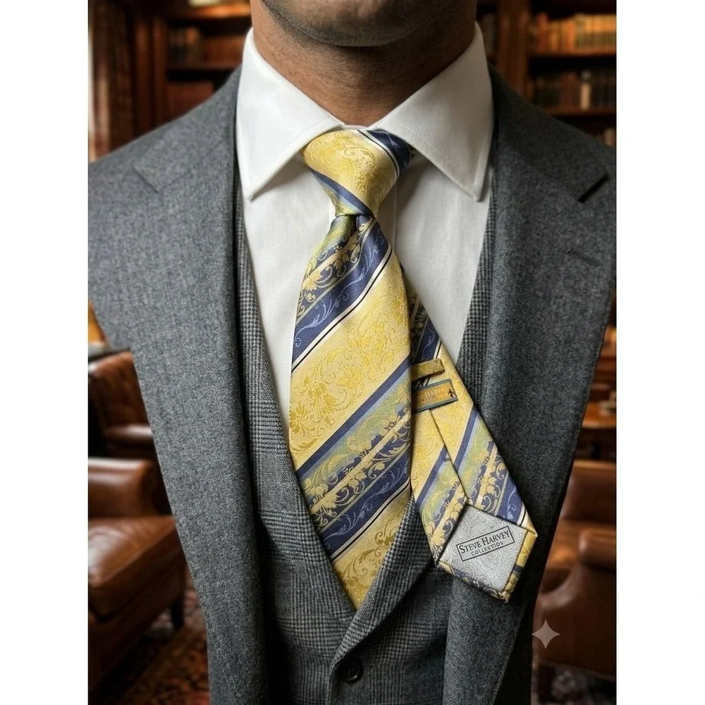 Steve Harvey Collection Mens Tie 100% Silk Gold Navy Blue Striped Floral Ornate